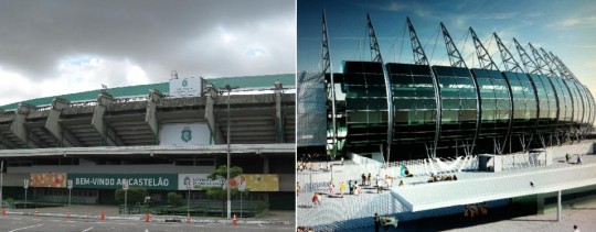 Le stade de Castelão, à Fortaleza, avant et après travaux.